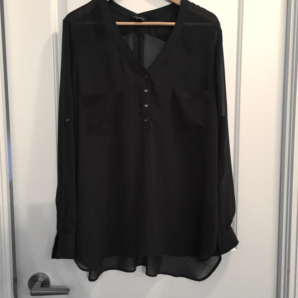 Women's Le Chateau Button Tab Sleeve Sheer dark gray Tunic Blouse Shirt
